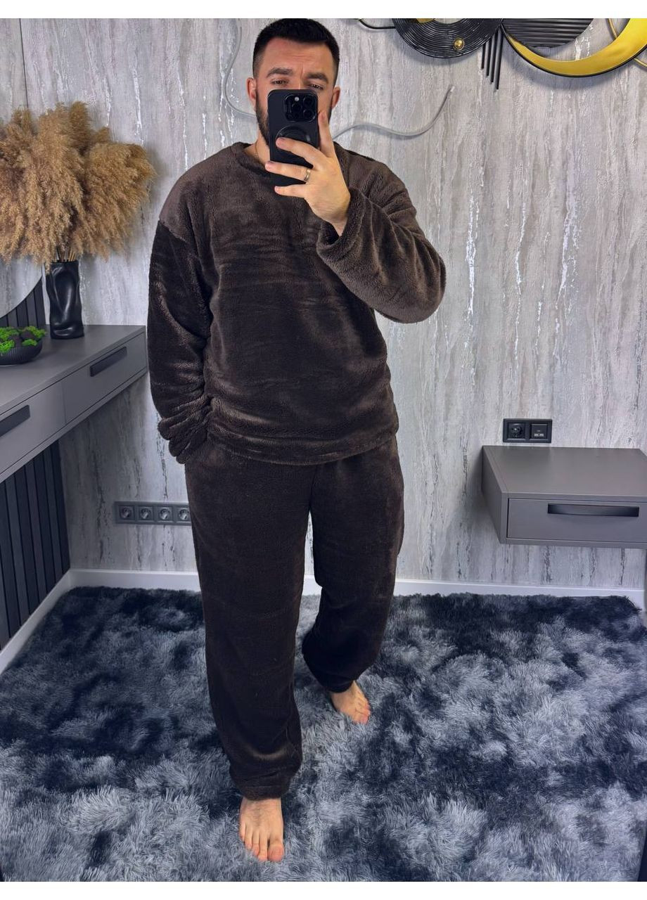 Коричневый зимний теплая и комфортная мужская пижама брючный No Brand
