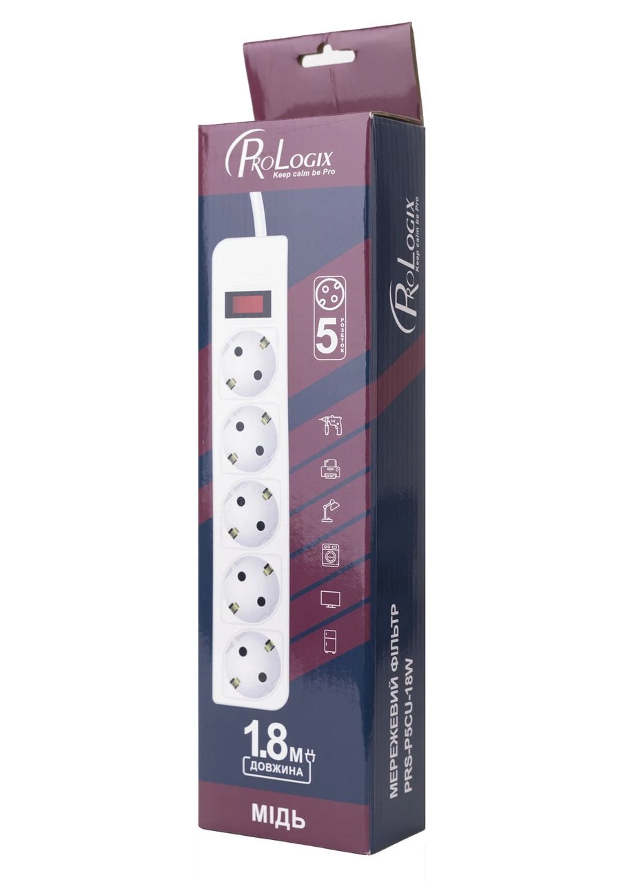 Фільтр живлення (PRS-P5CU-18W) 3x1.0мм2 мідь, 5 розеток, 1.8 м, білий Prologix (393537634)