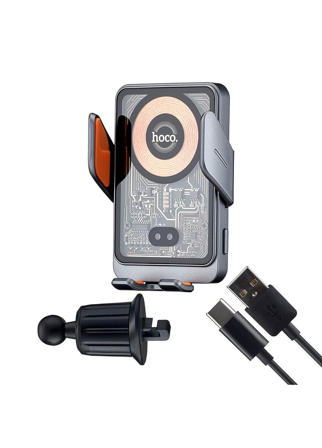 Холдер HW7 Transparent Discovery Edition wireless fast charg car holder (air outlet) Metal Gray Hoco (297453279)