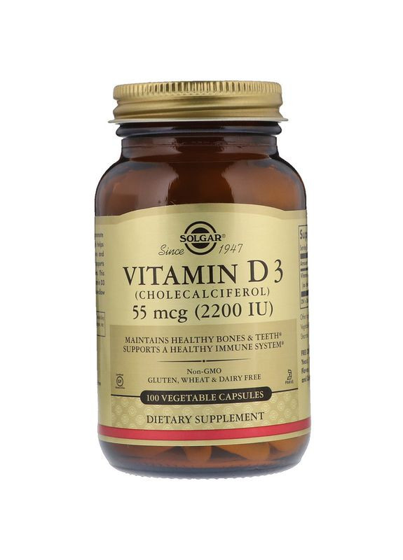 Вітамін D3 (холекальциферол), Vitamin D3,, 55 мкг (2200 МО), 100 вегетаріанських капсул Solgar (362369595)