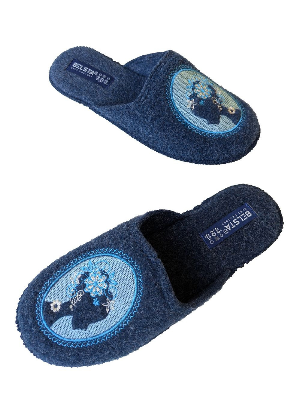 Синие тапочки бесшумные закрытые паркетные Белста с вышивкой