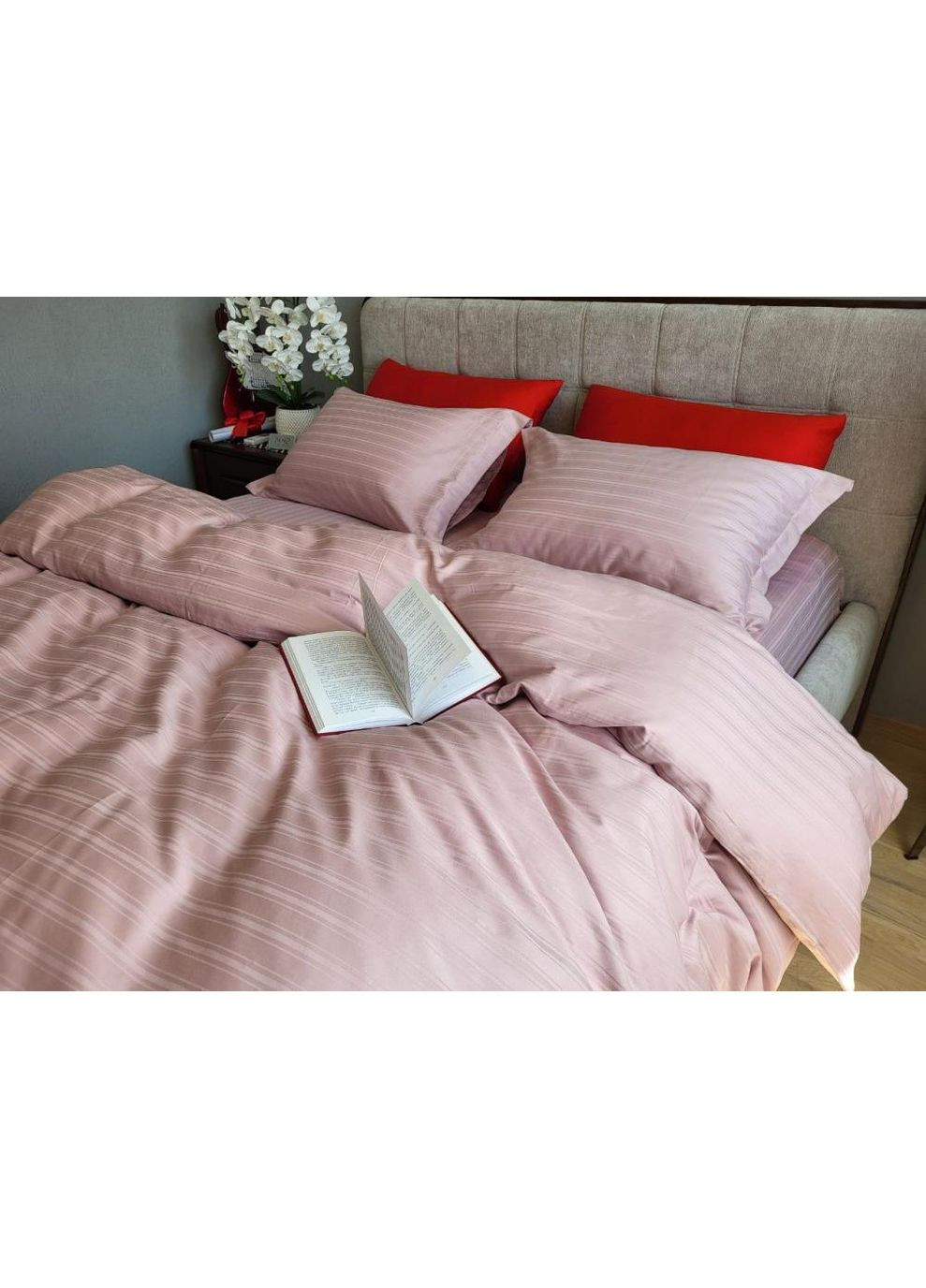 Постільна білизна з резинкою Мульти страйп сатин пудрова роза, PREMIUM Полуторний розмір, наволочки 70/70 No Brand (364219905)