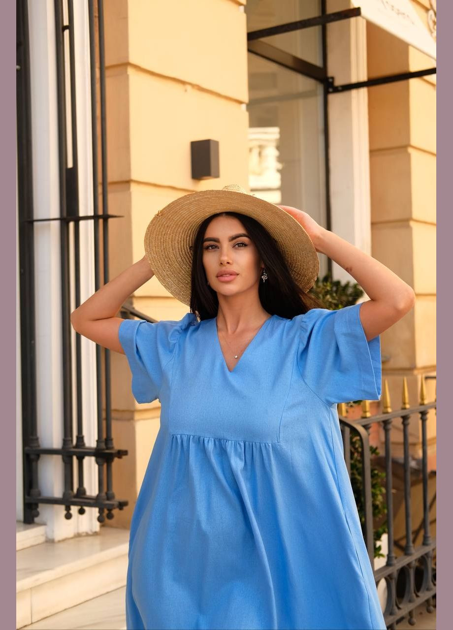Блакитна повсякденний жіноча сукня вільного крою з льону Avanti однотонна