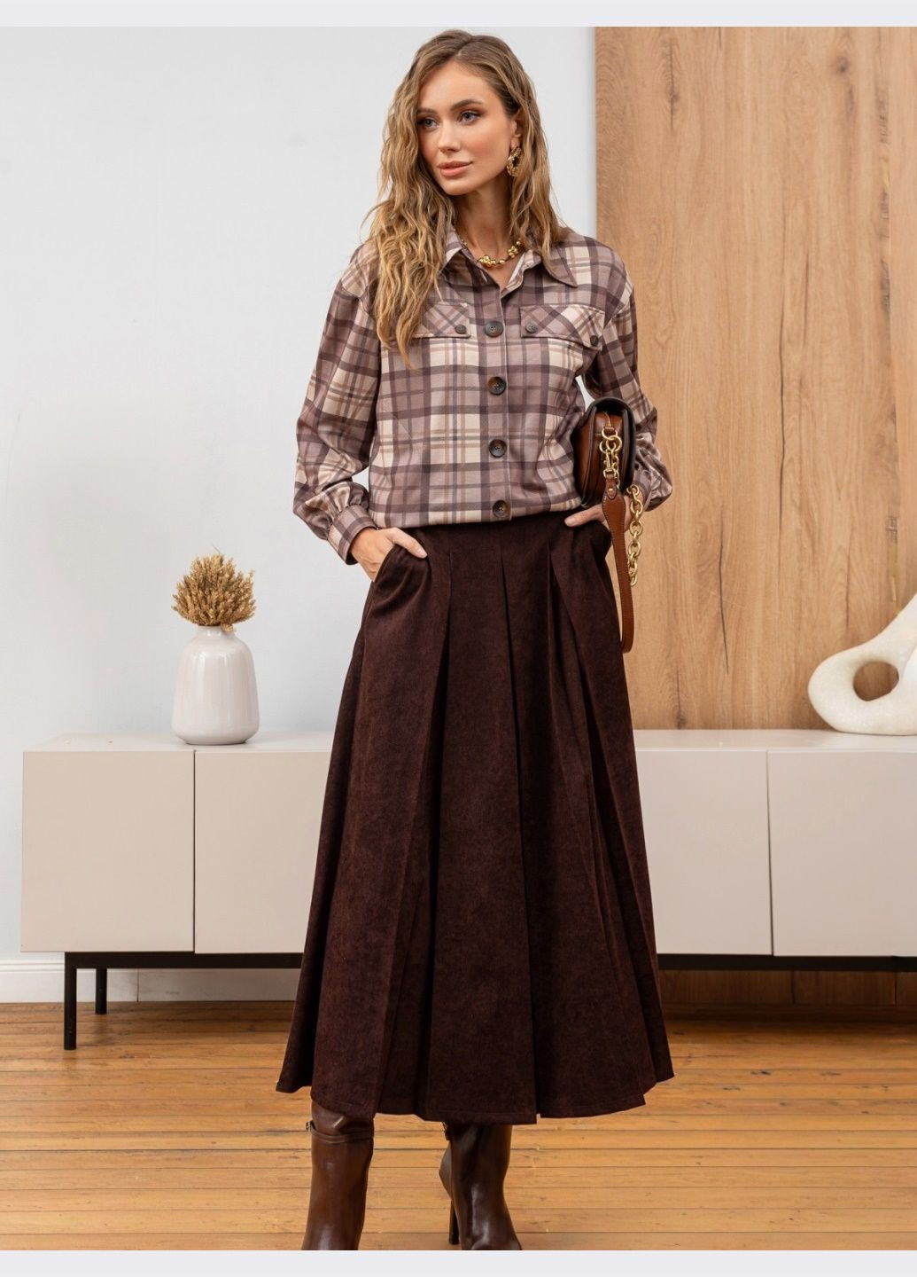 костюм з коричневою спідницею та сорочкою в клітинку Dressa (369407914)