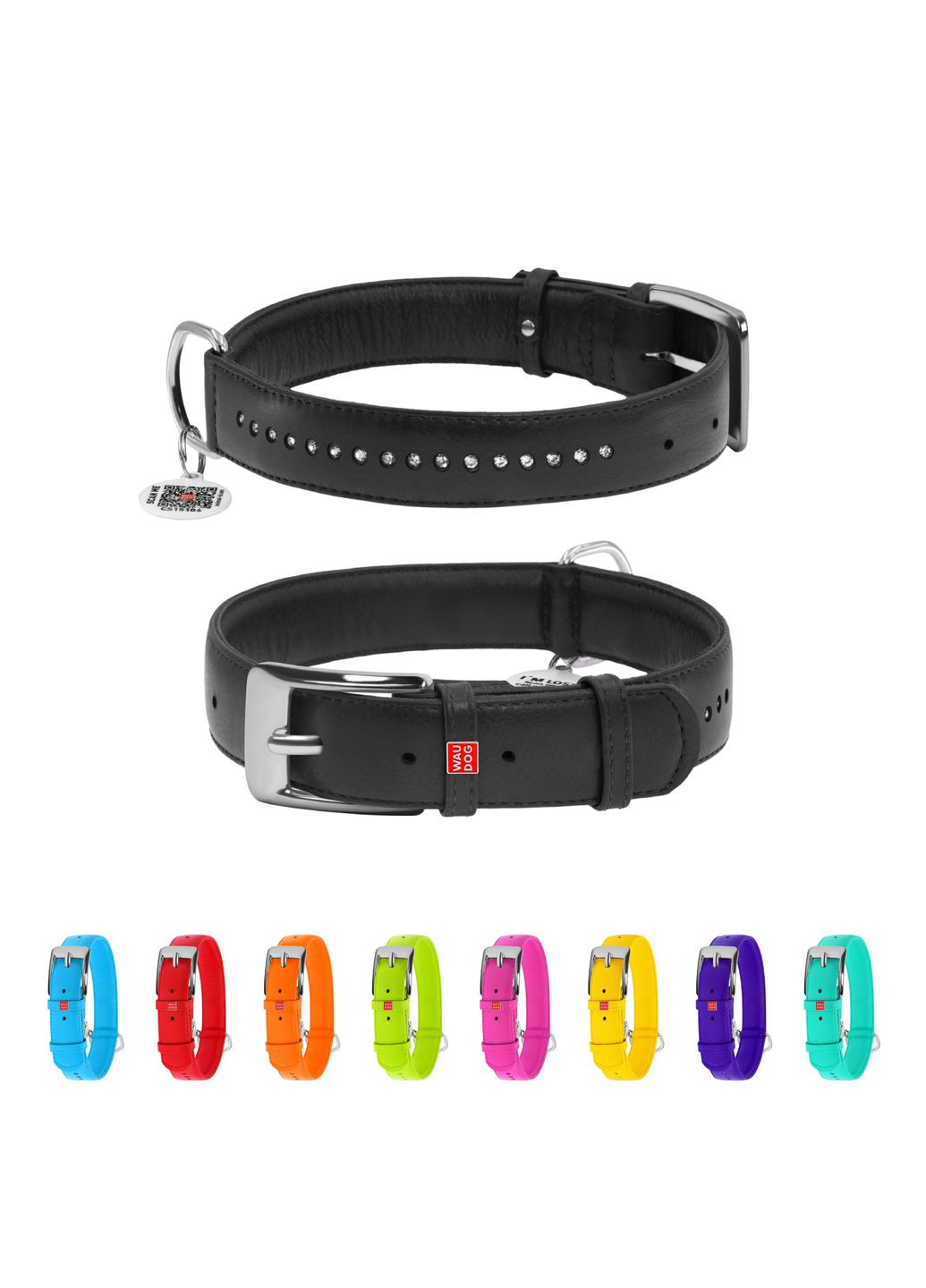 Ошейник для собак кожаный Glamour с QR паспортом, двойной со стразами,, Ш 25 мм, Длин 38-49 см черный WAUDOG (322001673)