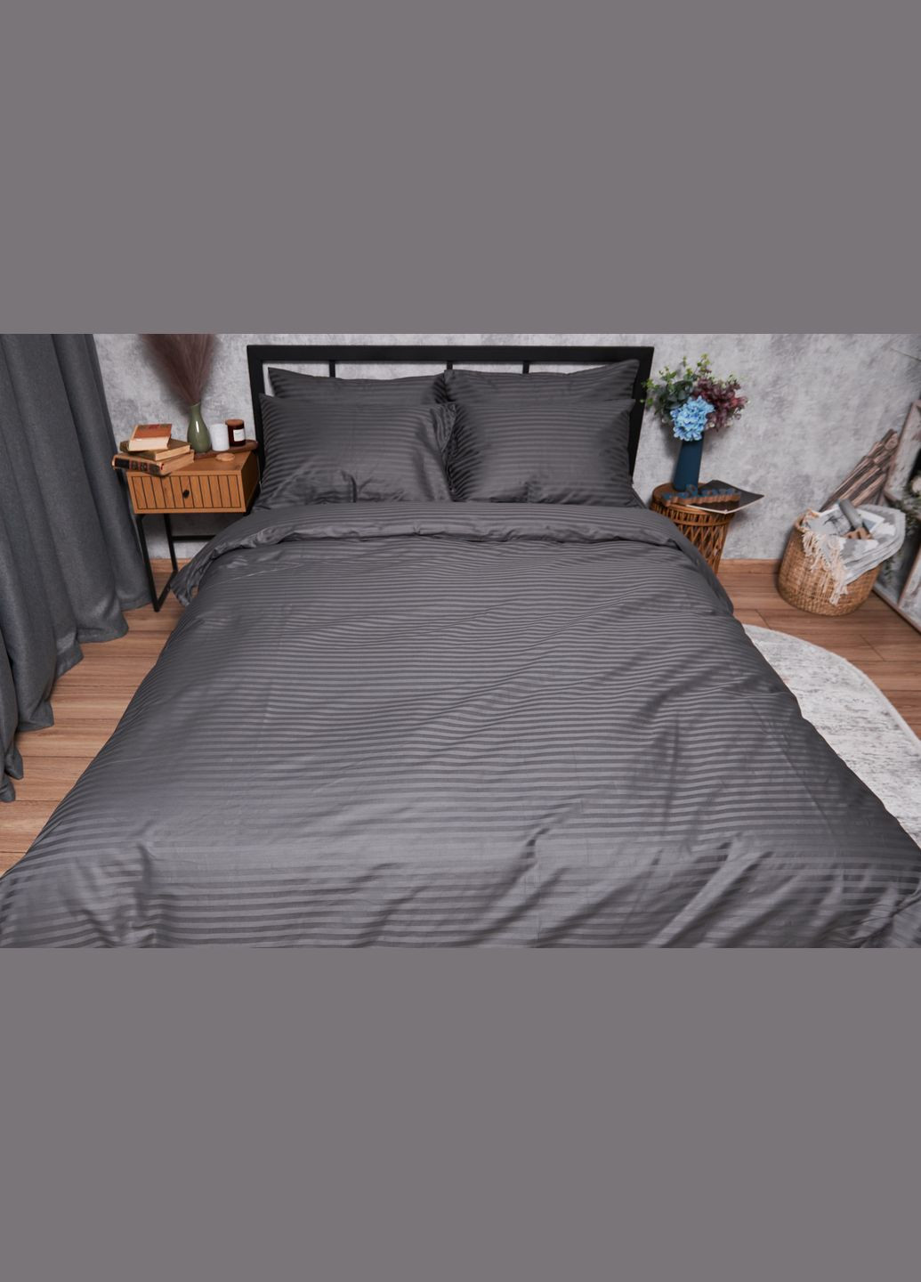 Комплект постільної білизни Satin Stripe полуторний 143х210 наволочки 4х50х70 (MS-820003693) Moon&Star Stripe Black (288043480)