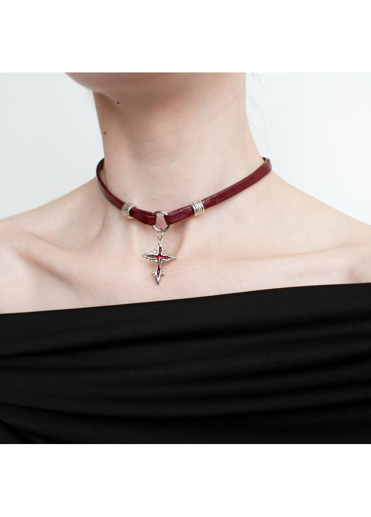 Чокер из кожи y2k стиль красный с кулоном крестика винтажная подвеска гранж мода альт колье кожаное ретро ожерелье аниме fairy No Brand (362575044)