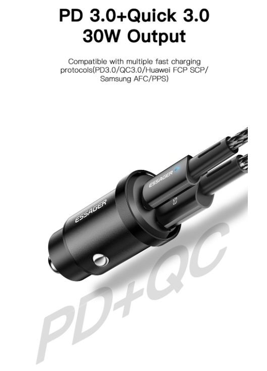 Автомобильное зарядное устройство ES-CC07 30W Dual USB PD+QC3.0 Essager (300370040)