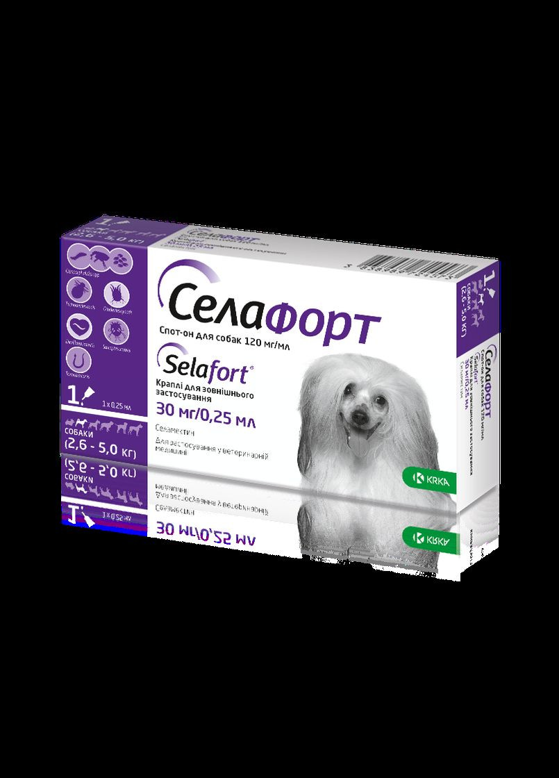 Краплі Селафорт від бліх, кліщів і гельмінтів для собак вагою 2.6-5 кг, 1 піпетка (*) KRKA (306741055)