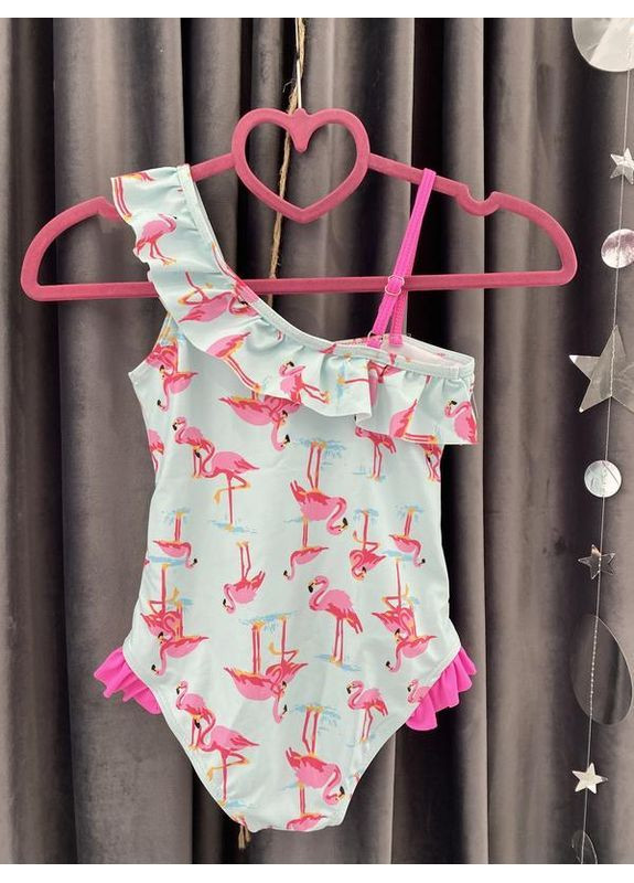 Блакитний літній купальник для дівчинки з фламінго суцільний BabyStyle