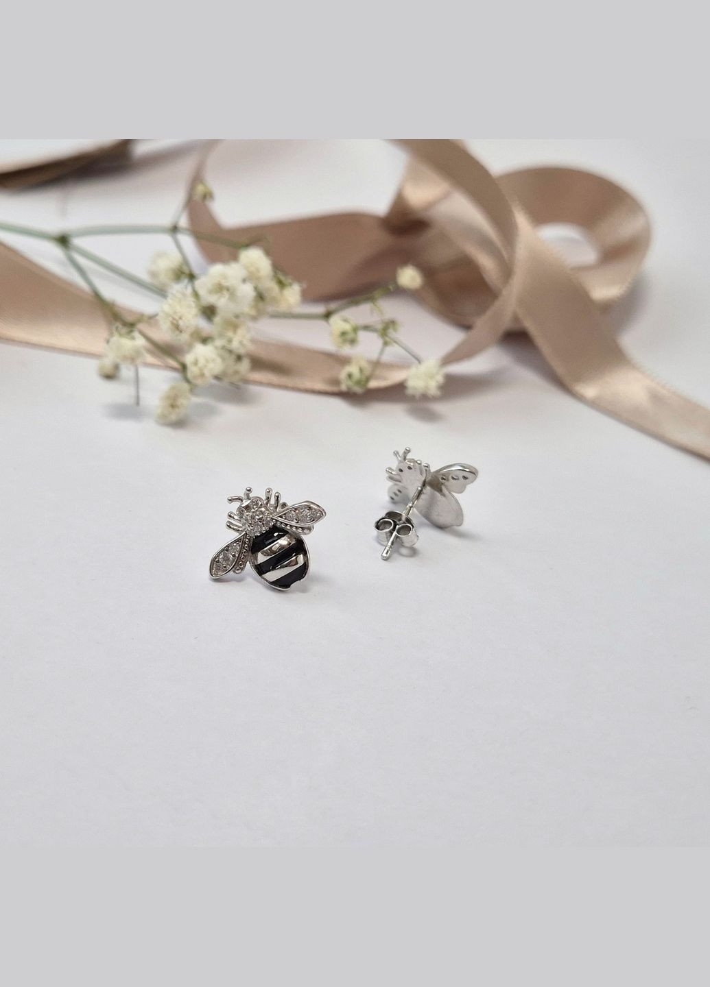 Серебряные серьги гвоздики на фиксаторах Пчелка серебро 925 пробы Родированное ск2чф/1141 2.60г No Brand (323653856)