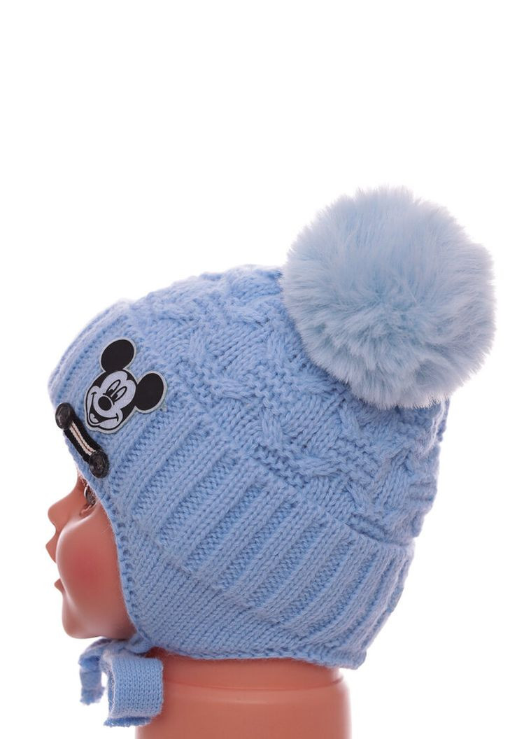 Шапка для хлопчика на зав'язках на травці з Мікі Маусом блакитна 1м+ (51881) BABYKROHA (337706268)