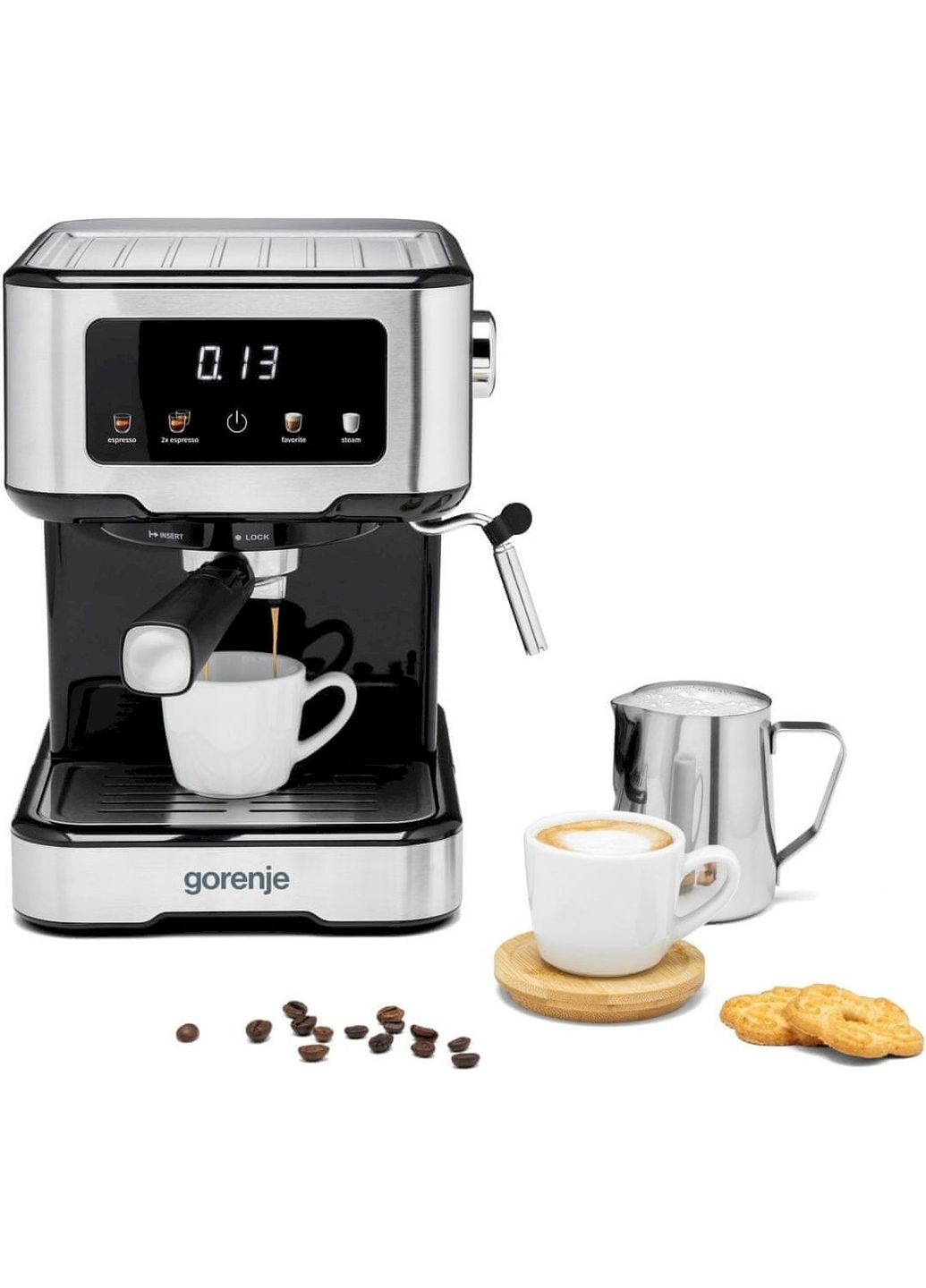 Кофеварка рожковая 1.5л, молотая, ручной капучинатор, нерж Gorenje (314777896)