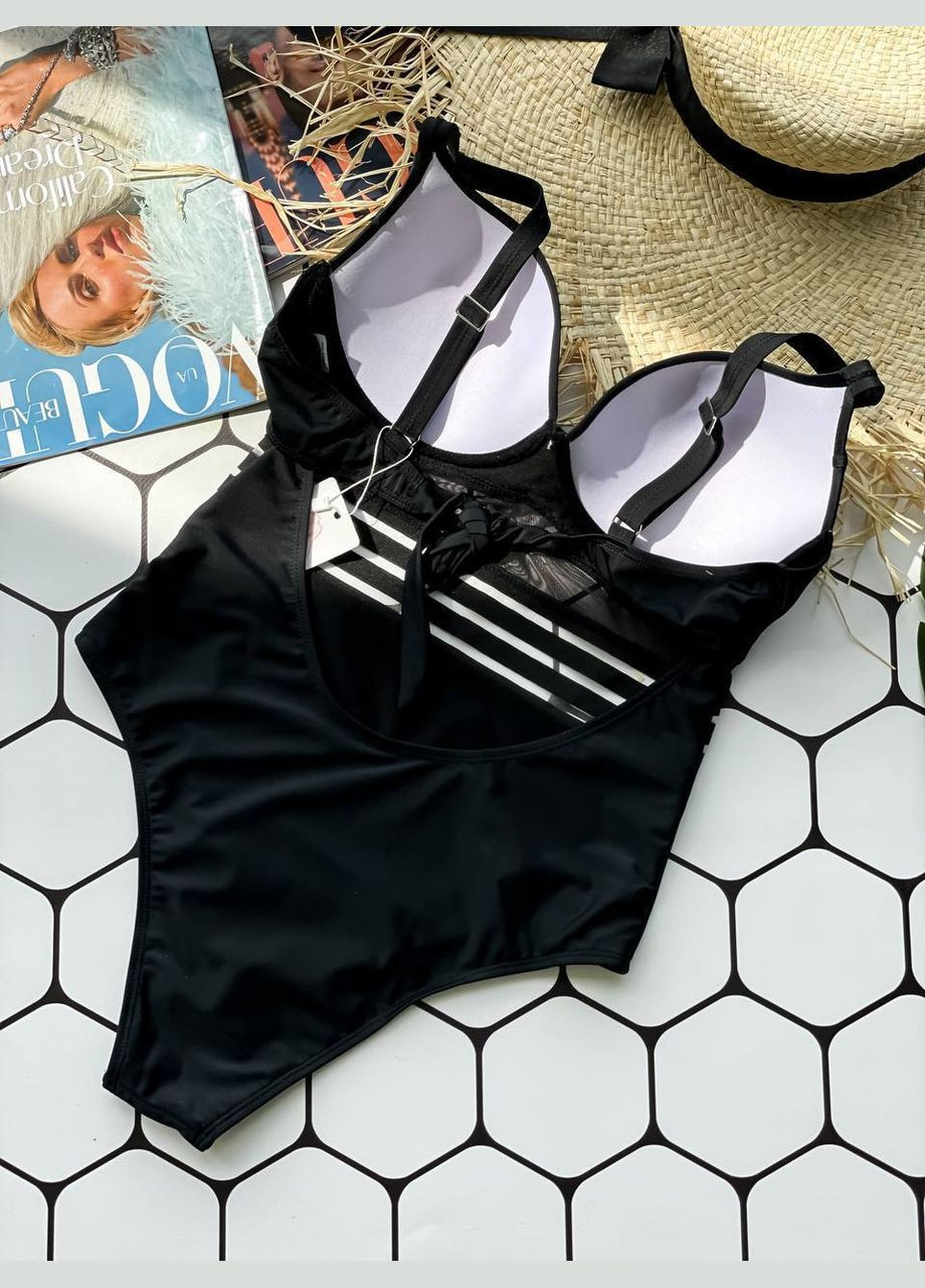 Чорний літній стильний купальник з вставочкою сіткою та спинкою на завʼязках суцільний Vakko