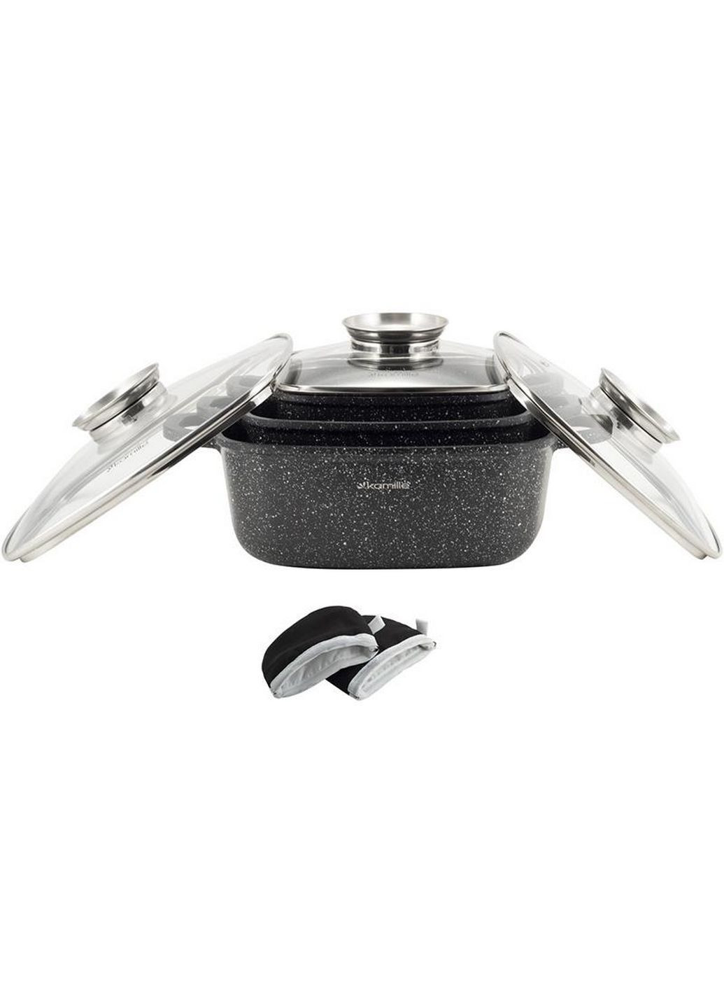 Набор 3 кастрюли-казана алюминий с индукционным дном и крышкой 20х20х9 см; 24x24х10 см; 28x28х11 см Kamille (289366327)
