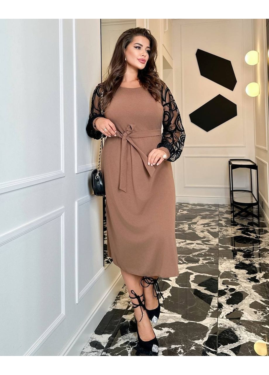 Темно-бежевое платье с кружевными рукавами, цвет темно-бежевый Fashion