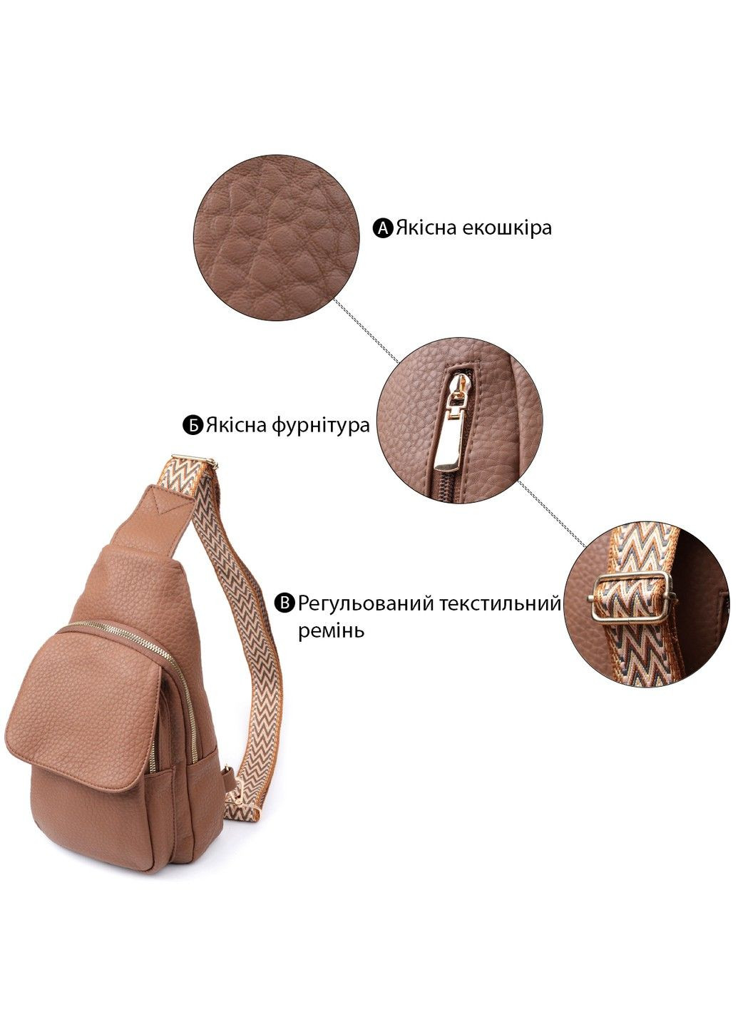 Практичная женская сумка с одной лямкой через плечо из крупнозернистой экокожи 22764 Коричневый Vintage (303877216)