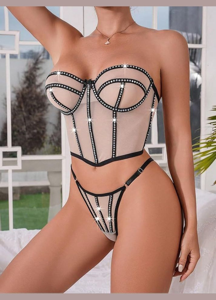 Бежевий демісезонний комплект жіночої спідньої білизни сітчастий з паєтками набір з корсет-бюстьє трусики No Brand Комплект нижньої білизни Rianna