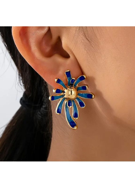 Золотисті жіночі сережки-гвоздики синій квітка з глибокими синіми пелюстками 4х3 см AurumLux724 Fashion Jewelry (365777321)