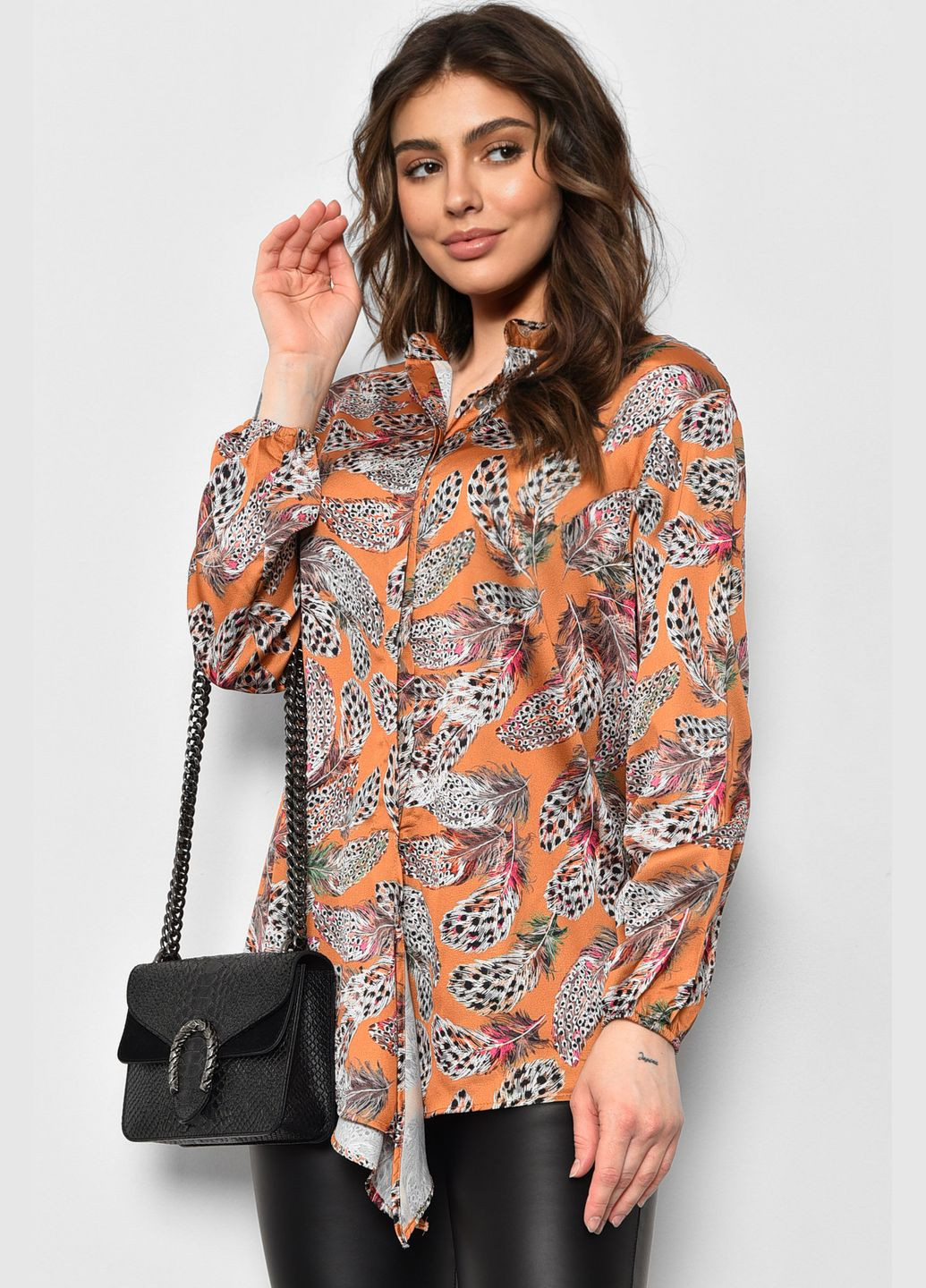 Оранжевая демисезонная блуза женская полубатальная оранжевого цвета с баской Let's Shop