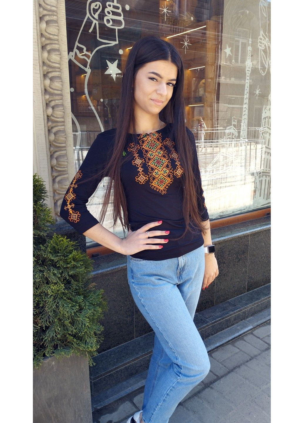 Чёрная женская вышитая футболка альтернатива 3/4 рукав, черная Lesia (346487839)