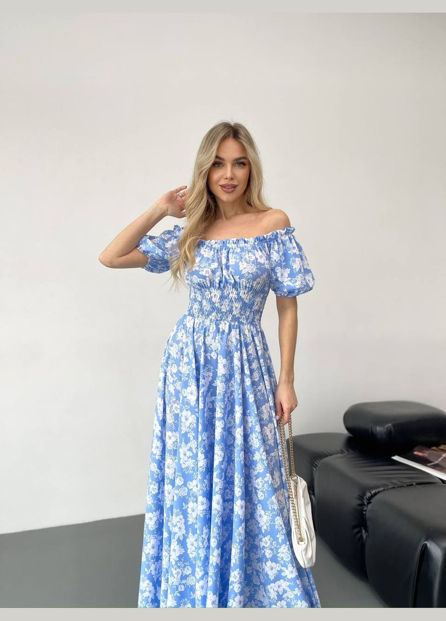 Блакитна повсякденний, вечірня, кежуал жіноча сукня з відкритими плечима Style Point з квітковим принтом