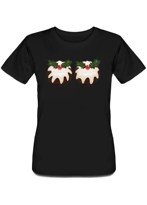 Черная летняя женская новогодняя футболка a couple of christmas puddings (чёрная) Fat Cat