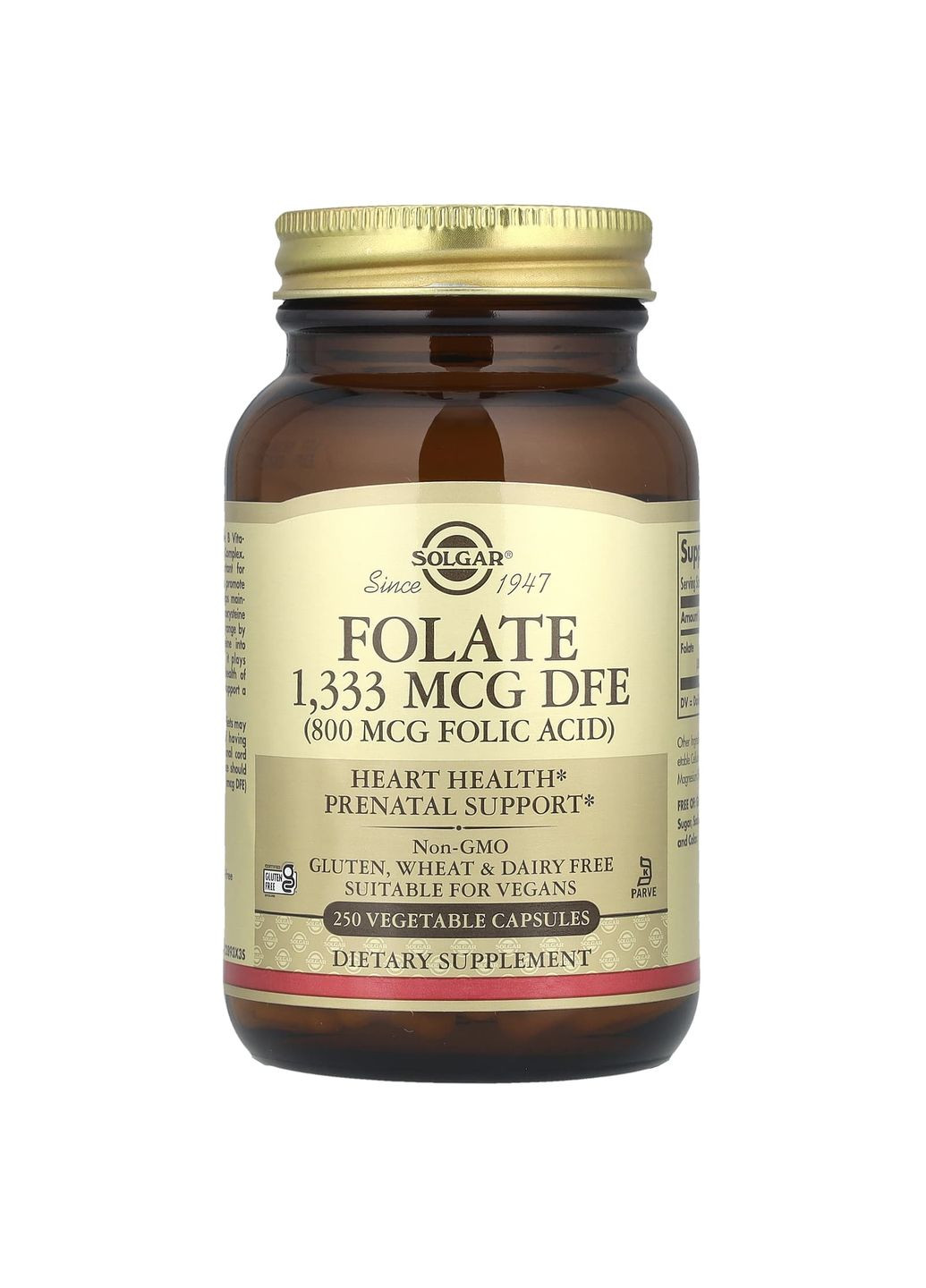 Фолат, Folate,, фолієва кислота, 1333 мкг DFE, 250 вегетаріанських капсул Solgar (362369489)