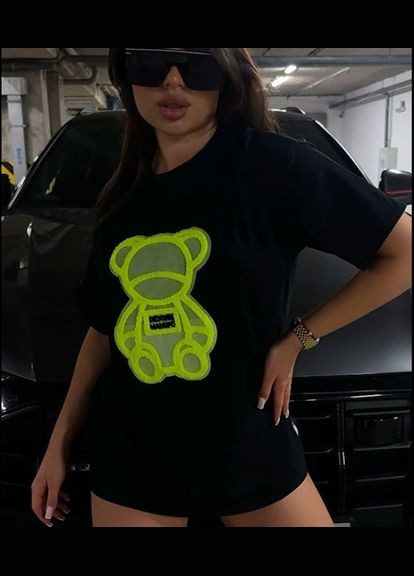 Футболка женская оверсайз с салатовым мишкой, черная, удлиненная (арт. 755) No Brand - (350886145)