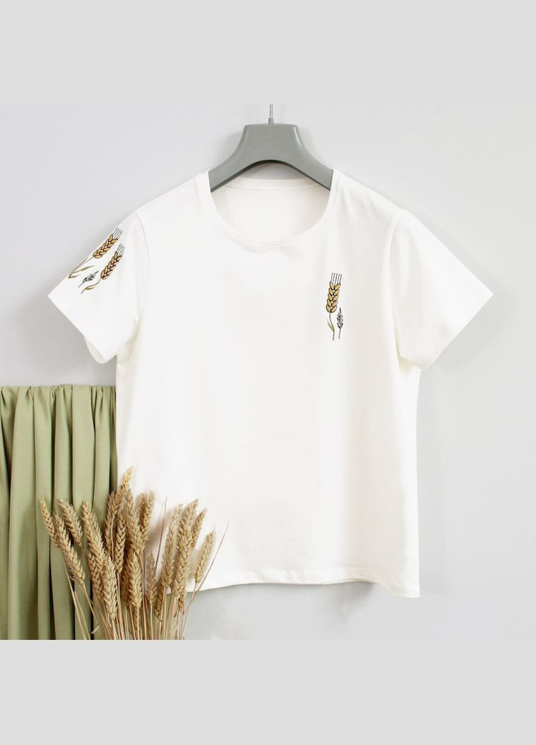 Жіноча футболка з вишивкою Колоски пшениці на рукаві молочна Ladan — 303727224