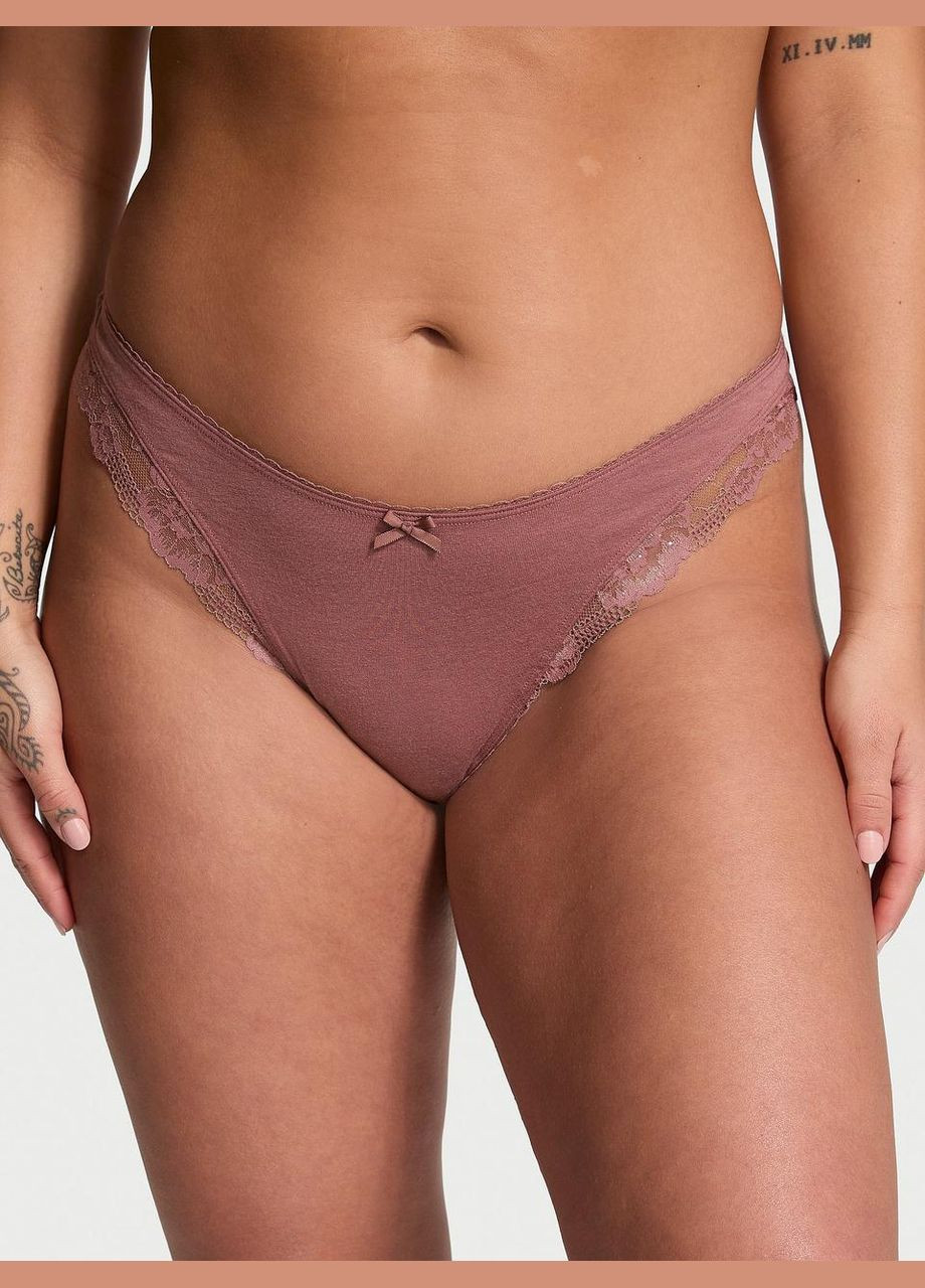 Женские трусики Stretch Cotton Lace-Trim High-Leg стринги коричневые Victoria's Secret (335723807)