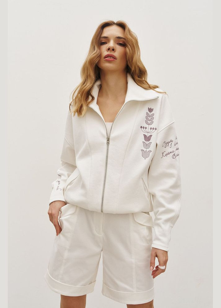 Молочный женская кофта оверсайз на молнии с вышивкой rica mare mkrm4251-1 Modna KAZKA (336931921)