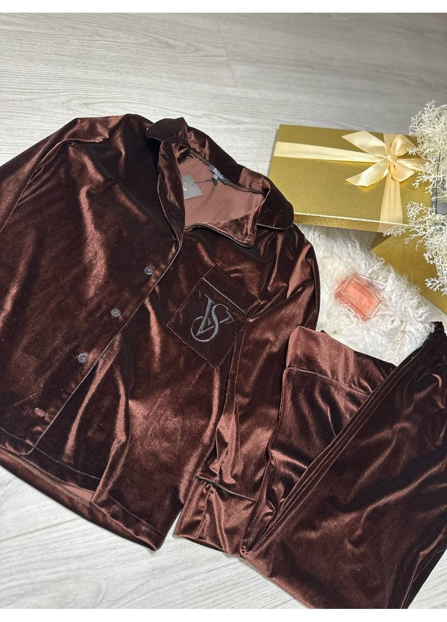 Коричнева всесезон жіноча піжама сорочка + брюки No Brand