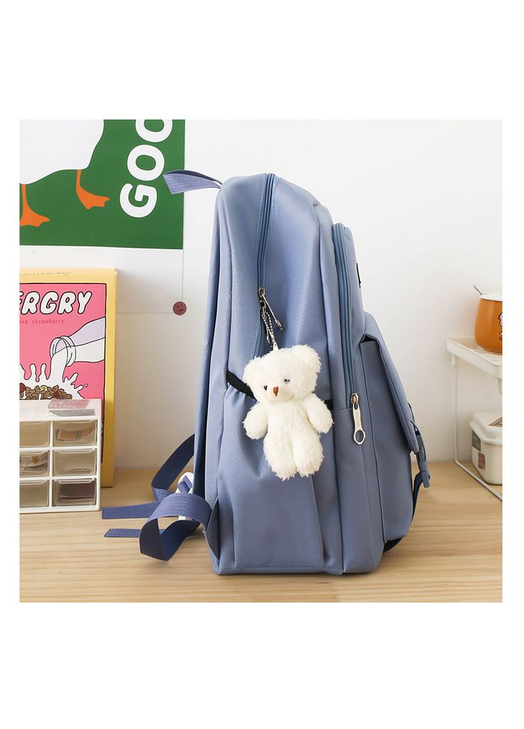 Рюкзак с накладным карманчиком голубовато-синий с серым с сумочками и пеналом в комплекте с мишкой. КиП (277698344)