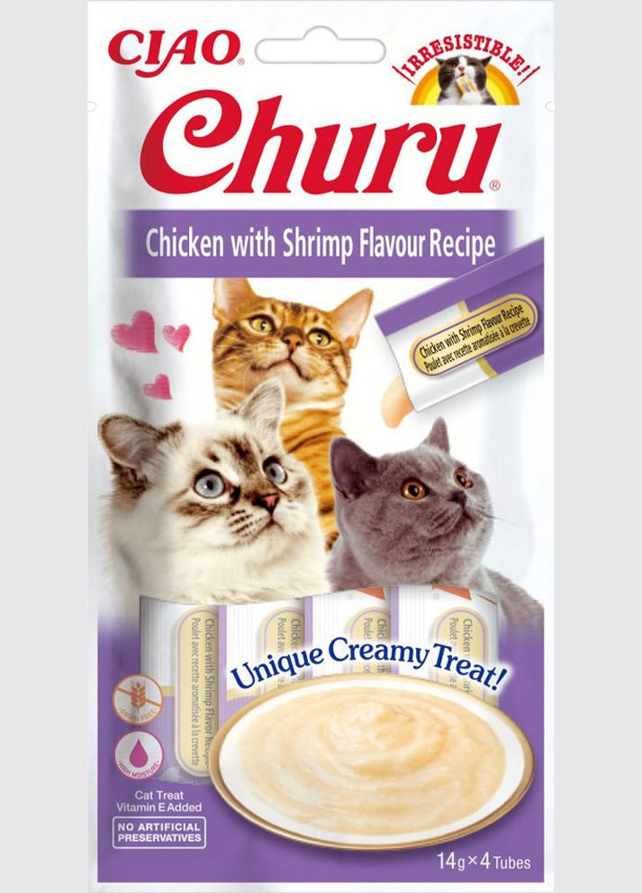 Ласощі для кішок Churu вершковий мус у стиках курка/креветка 4 x 14 г (EU108) (8859387700742) Inaba (307794788)