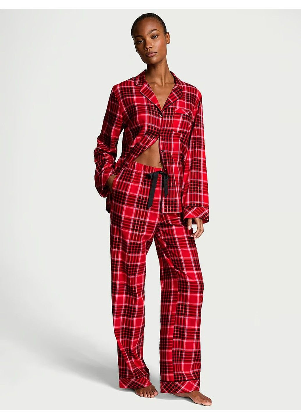 Комбінована всесезон подарунковий набір піжама фланель long pajama set + косметичка 2 в 1 piece makeup bag Victoria's Secret