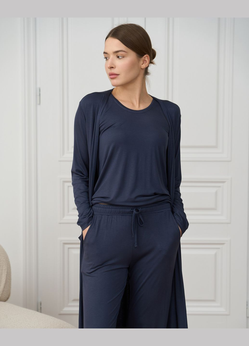 Темно-синя комплект-трійка однотонна майка, штани та халат Nicoletta