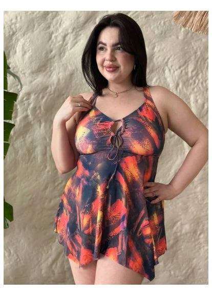 Комбинированный летний женский купальник танкини plus size с ярким принтом свободный верх с шортиками стильный / женское танкини больших размеров 4xl No Brand