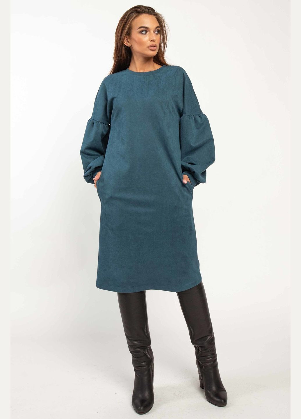 Бирюзовое повседневный женское платье оверсайз прямого силуэта с пышными рукавами из твила (пл 2520) RiMari