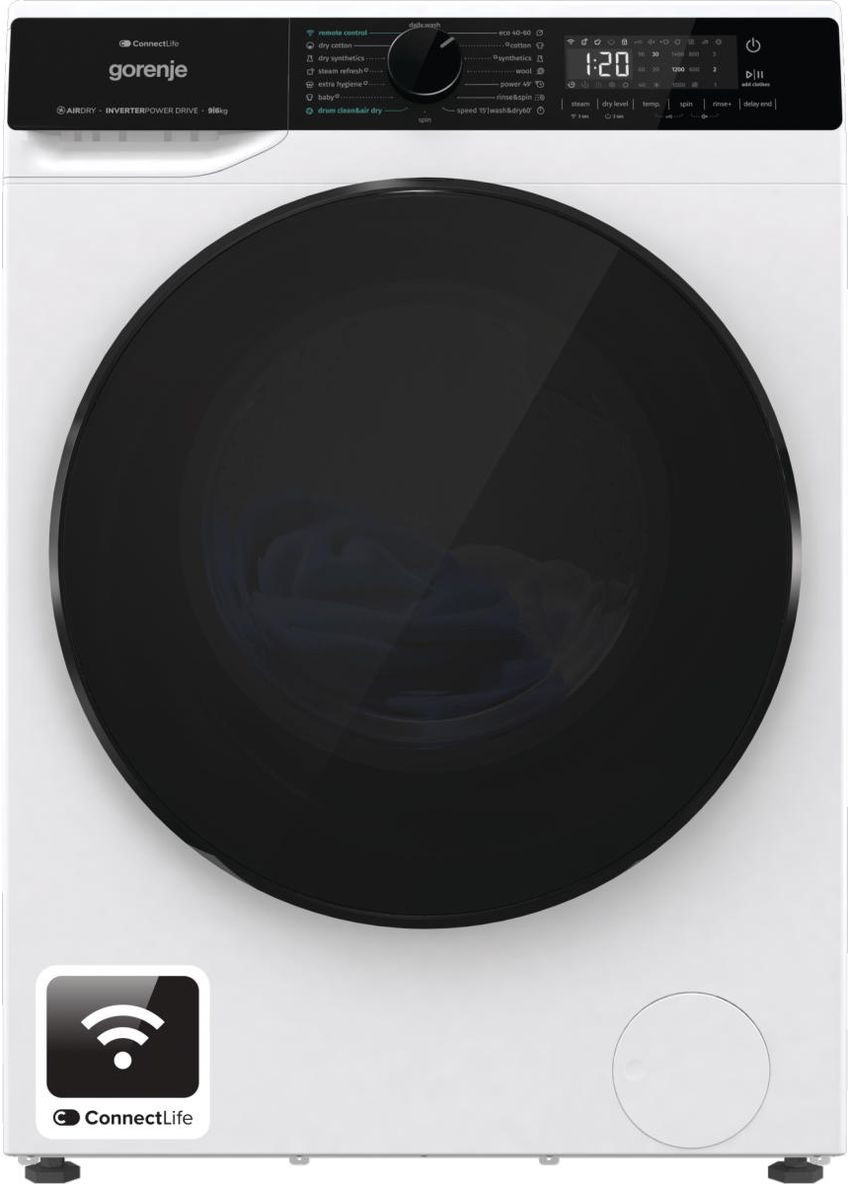 Прально-сушильна машина фронтальна, 9 (6) кг, 1400, A, 55см, дисплей, інвертор, Wi-Fi, білий Gorenje (360395384)