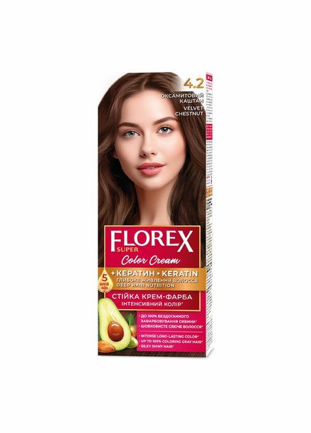 Стійка крем-фарба для волосся КЕРАТИН 4.2 Оксамитовий каштан Florex (303724096)