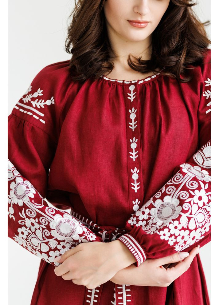 Бордовая платье-вышиванка женское из льняного полотна (fm2925) Folk Moda (366873379)