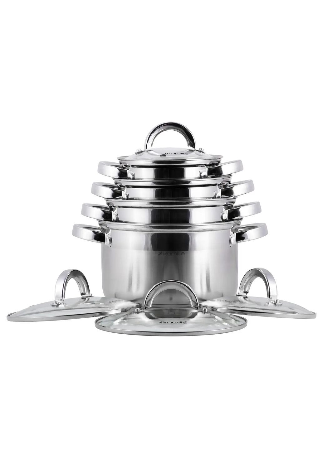 Набор кастрюль из нержавеющей стали 8 предмета для индукции и газа (1.0л, 1,8л, 2,5л, 3,8л) KM- Kamille 5637S (360880125)
