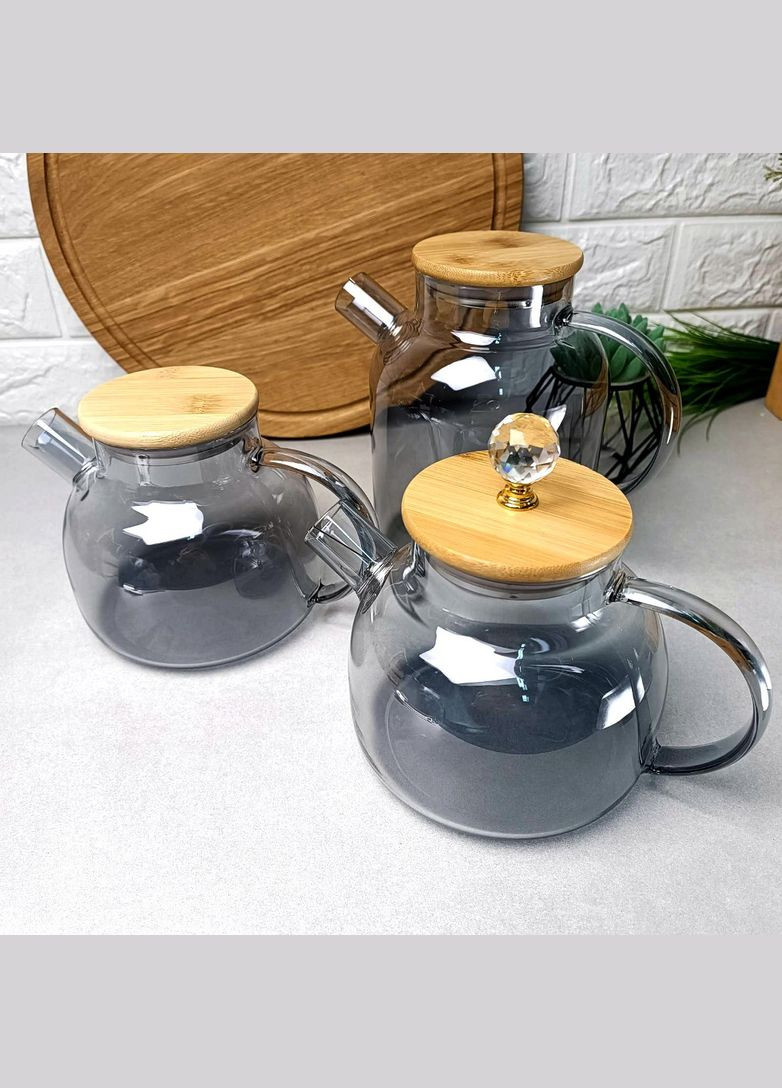 Термостійкий скляний чайник на плиту 1л Чорний перламутр Smokey Crystal Hell (303213303)