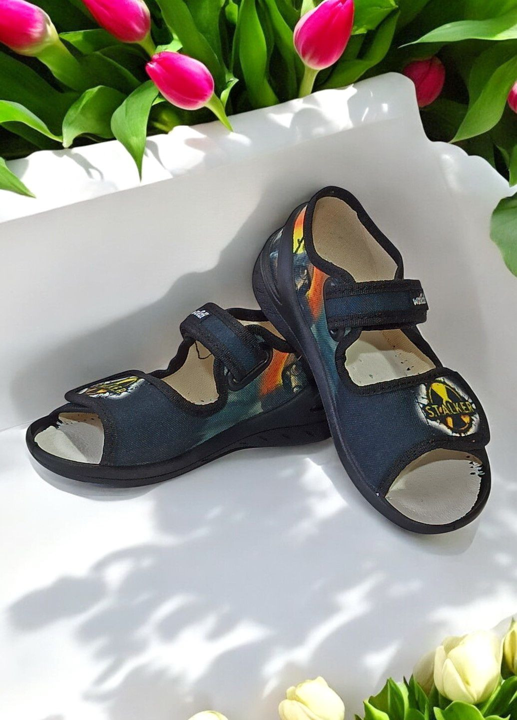 Черные детские открытые тапочки для мальчика ортопедические текстильные бососножки Waldi