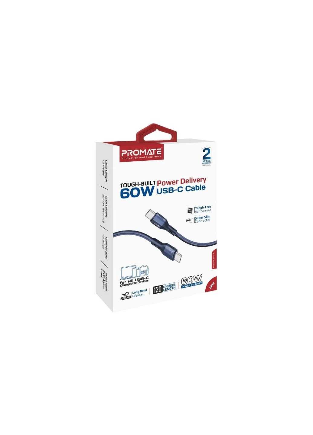Дата кабель (ek19868) Promate USB-C to USB-C 1.2m 60W PD FletchLink-CC blue (391781632)
