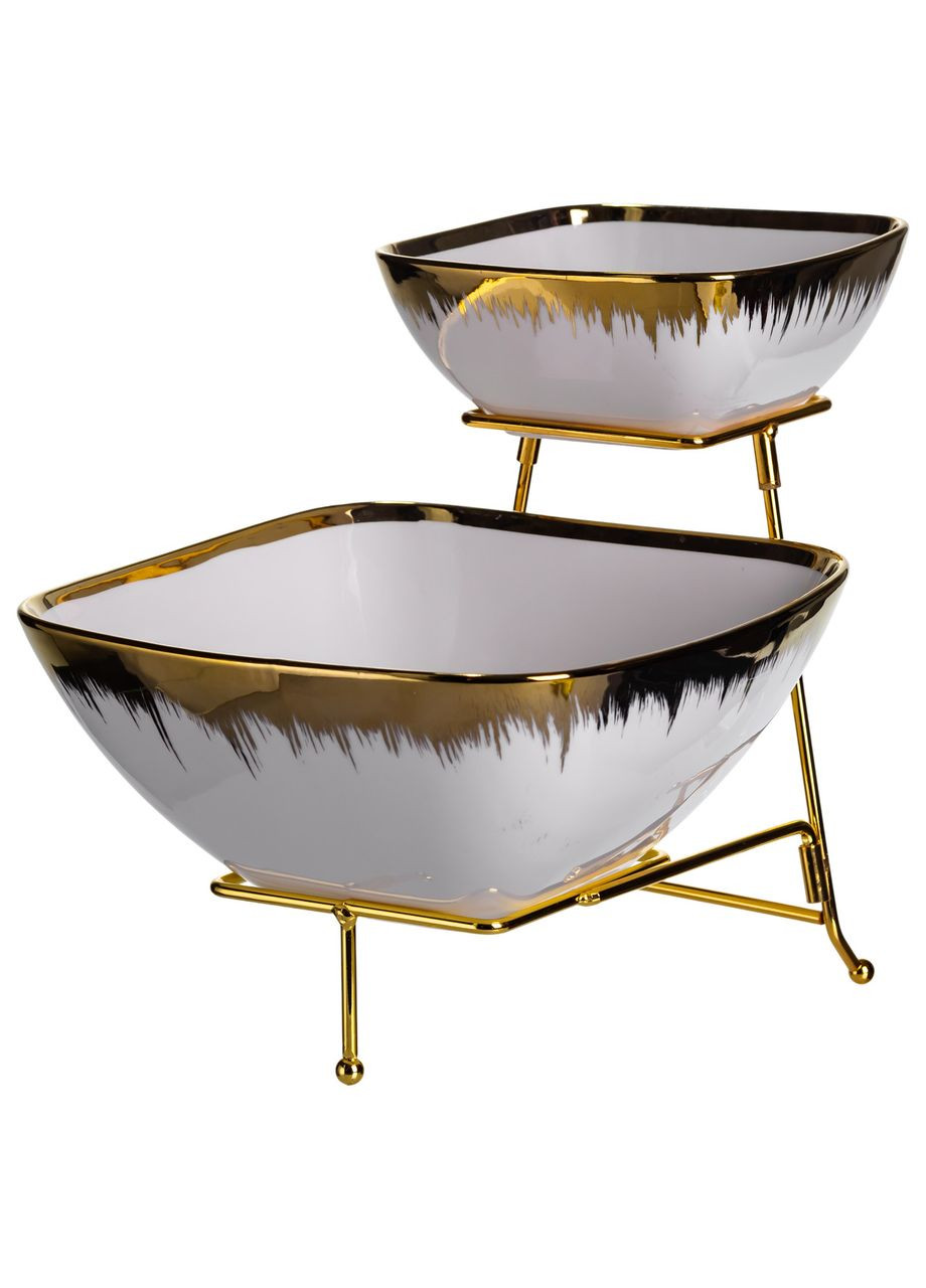 Фруктовница на 2 яруса фарфоровая белая с золотом для сервировки закусок и десертов подставка для сладостей Yiwu (370432679)