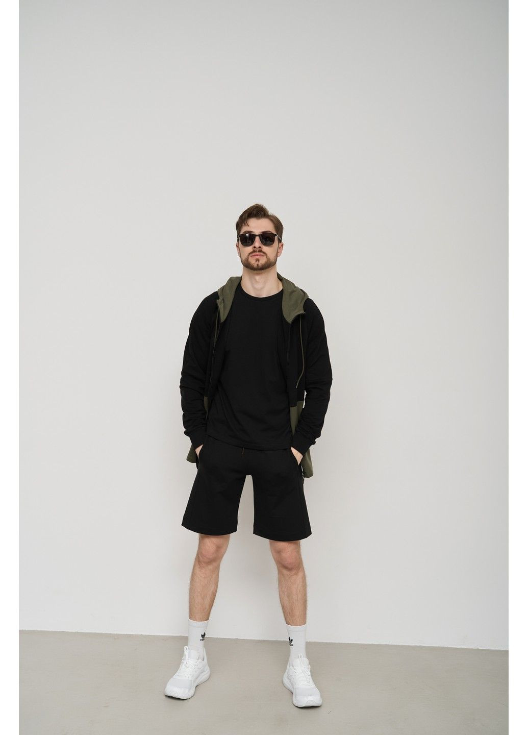 Спортивний костюм чоловічий ТРІЙКА літо SUMMER з кофтою на замку + шорти + футболка чорний хакі Handy Wear (293275170)