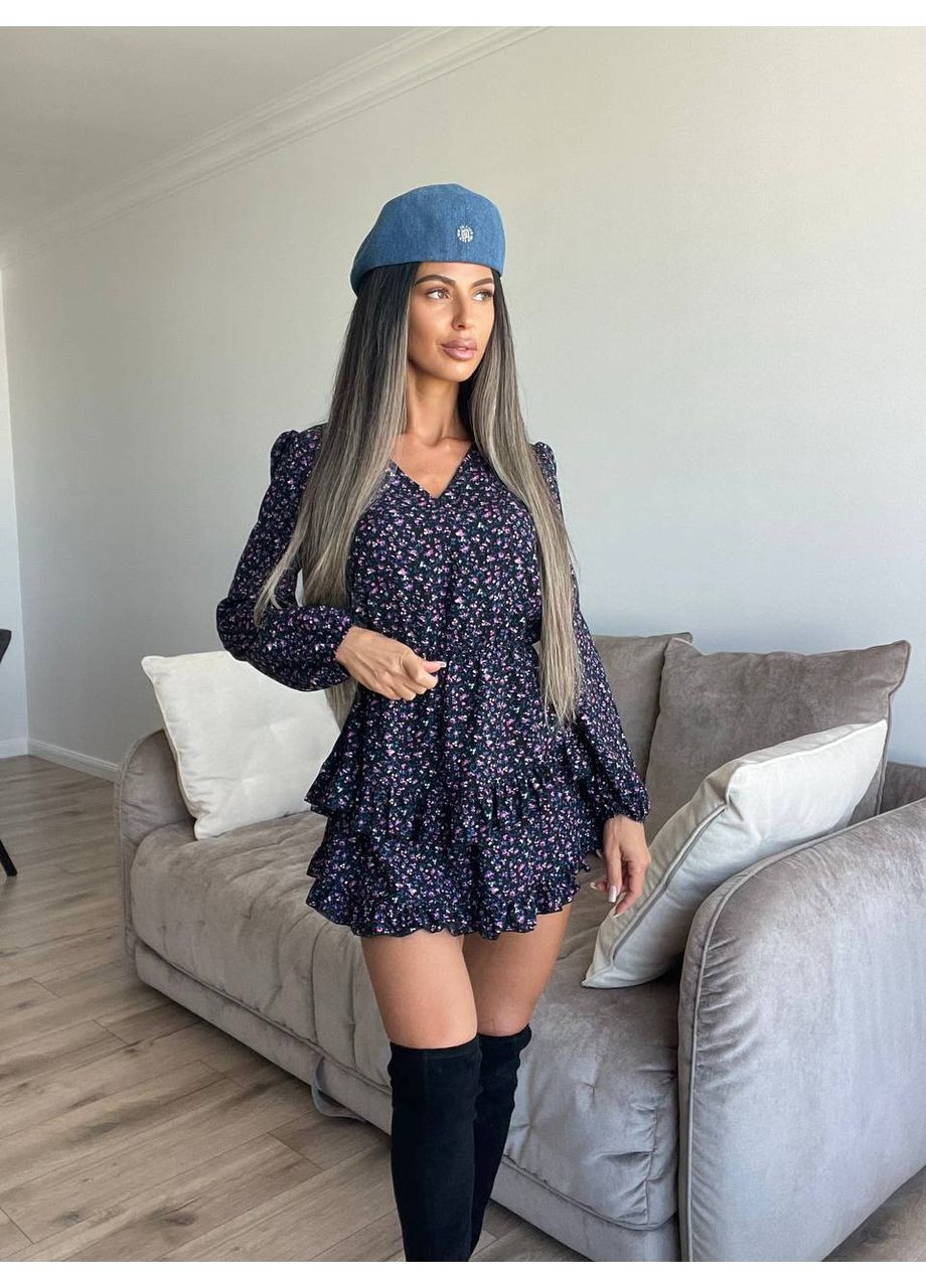 Фиолетовое кэжуал мини платье в цветочный принт с пышной юбкой Adelante с цветочным принтом