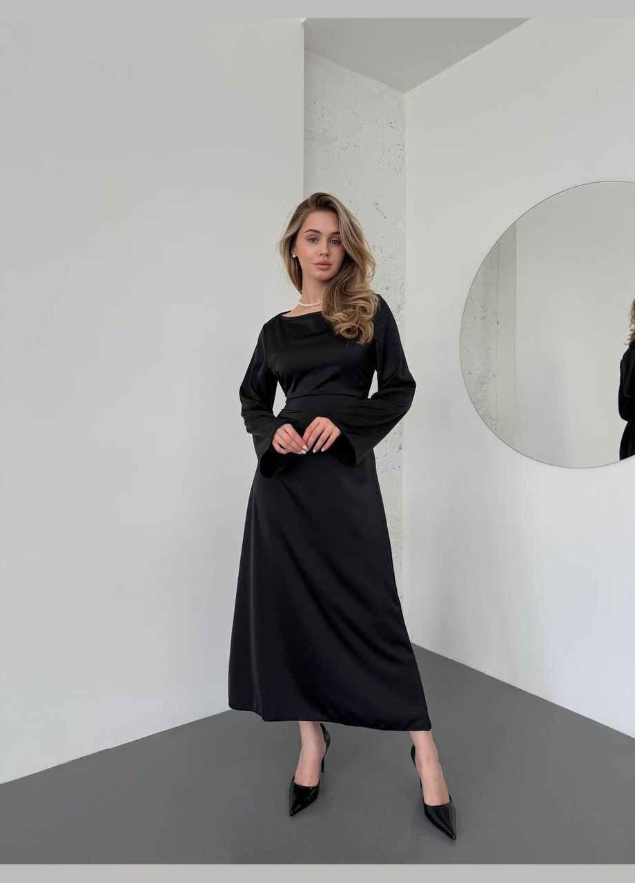 Черное праздничный, вечернее женское шелковое платье а-силуэт No Brand однотонное